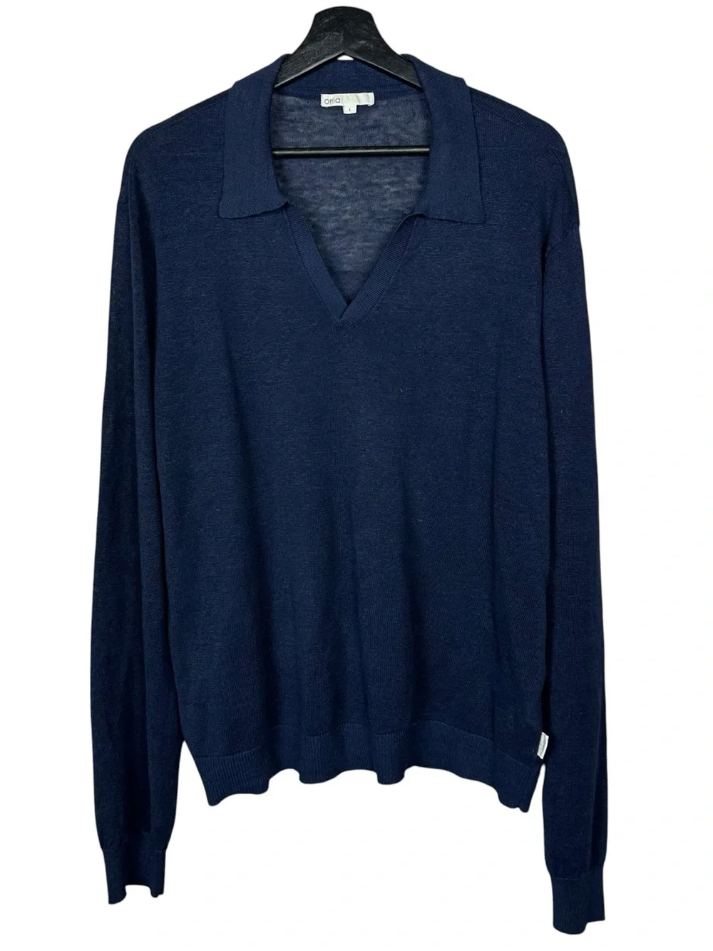 ONIA Sweater Mens Large Deep Navy Blue Johnny Polo 100% Linen Long Sleeve V-Neck